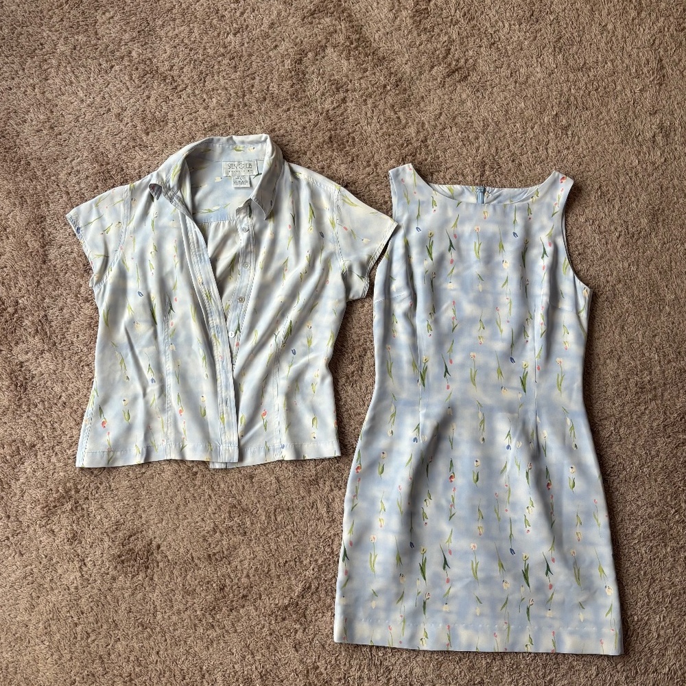 Silk Floral Patterned Cocktail Dress And Shirt Set